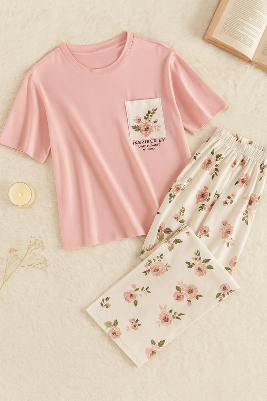 Pink Flower Printed Pocket Half Sleeves Shirt and White Flower Printed Trouser Night Wear