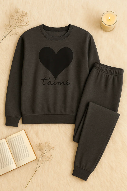 Winter Black Gray Heart Co-Ord Set Night Suit