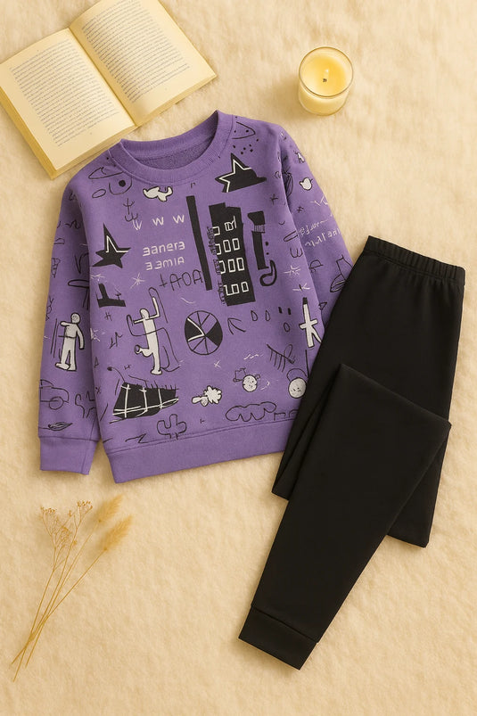 Winter Purple Multi Planets Co-Ord Set Night Suit