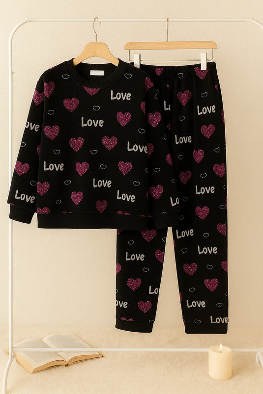 Winter Black Love Heart Co-Ord Set Night Suit