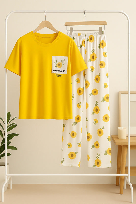 Yellow Flower Printed Pocket Half Sleeves Shirt and White Flower Printed Trouser Night Wear