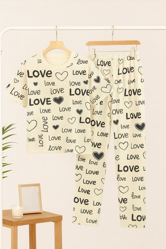 White Love Printed Shirt And Trouser