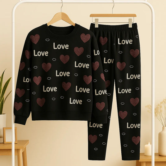 Winter Black Love Heart Co-Ord Set Night Suit