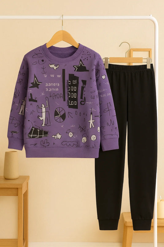 Winter Purple Multi Planets Co-Ord Set Night Suit