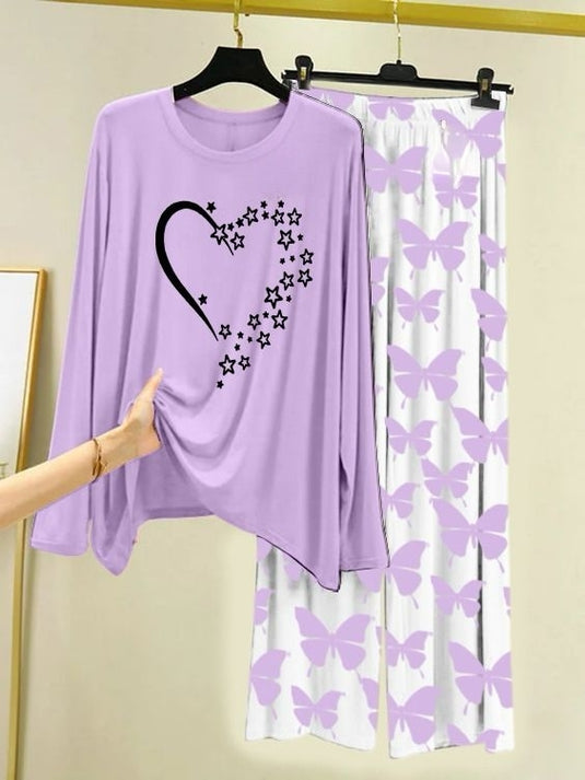 Starlight Heart Printed Purple Shirt with Butterfly Printed Trouser