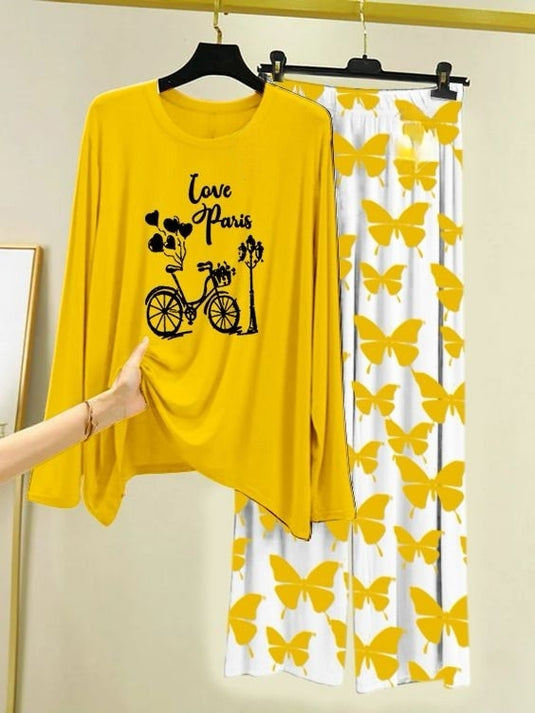 Love in Paris Printed Yellow Shirt with Butterfly Printed Trouser