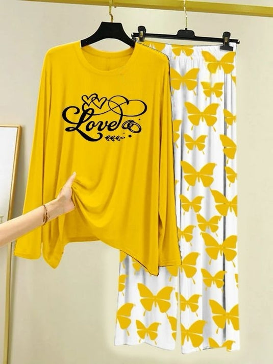 Love Script Printed Yellow Shirt with Butterfly Printed Trouser