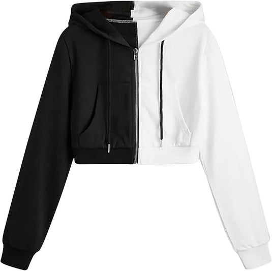 Women s Cropped Hoodies Black White Color Block Crop Tops Long Sleeve Zipper Sweatshirt Spring Fall Trendy Clothes