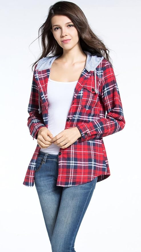 Women's Classic Plaid Cotton Hoodie Button-up Check Shirts