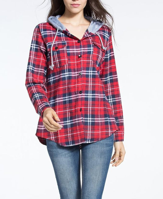 Women's Classic Plaid Cotton Hoodie Button-up Check Shirts