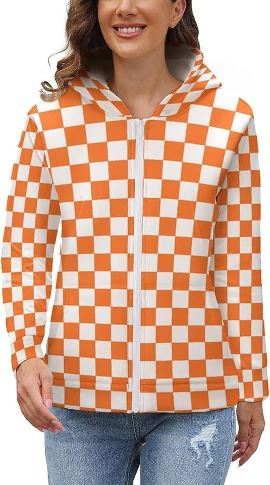 Trendy Orange Checkerboard Tops Plaid Plush Zip Up
