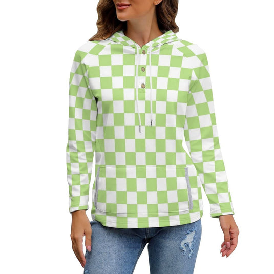 Trendy Green White Checkerboard Top Plaid Hoodie Casual Womens Clothes for Women Fall Winter Tops