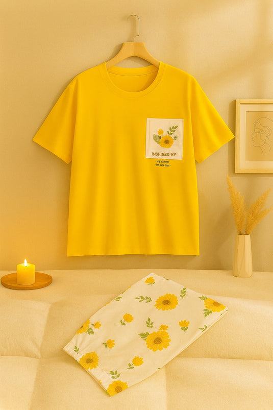 Yellow Flower Printed Pocket Half Sleeves Shirt and White Flower Printed Trouser Night Wear