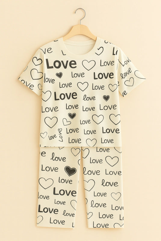 White Love Printed Shirt And Trouser