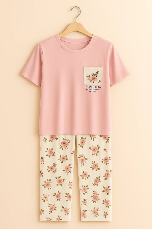 Pink Flower Printed Pocket Half Sleeves Shirt and White Flower Printed Trouser Night Wear