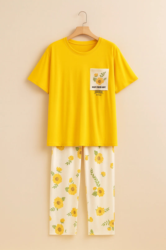 Yellow Flower Printed Pocket Half Sleeves Shirt and White Flower Printed Trouser Night Wear