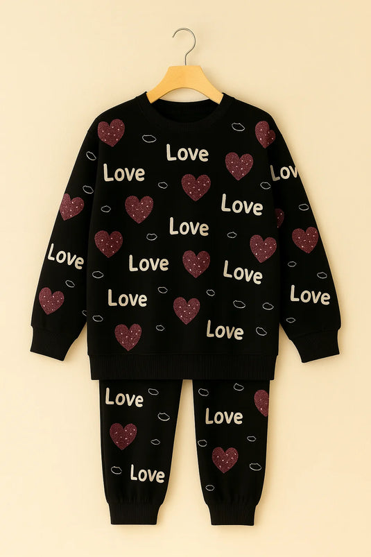 Winter Black Love Heart Co-Ord Set Night Suit
