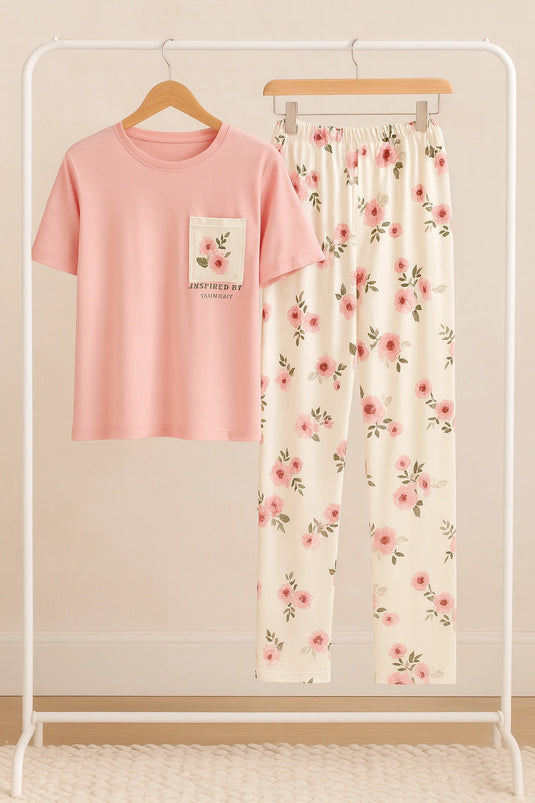 Pink Flower Printed Pocket Half Sleeves Shirt and White Flower Printed Trouser Night Wear