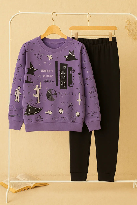 Winter Purple Multi Planets Co-Ord Set Night Suit