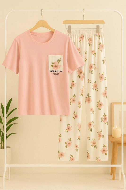 Pink Flower Printed Pocket Half Sleeves Shirt and White Flower Printed Trouser Night Wear