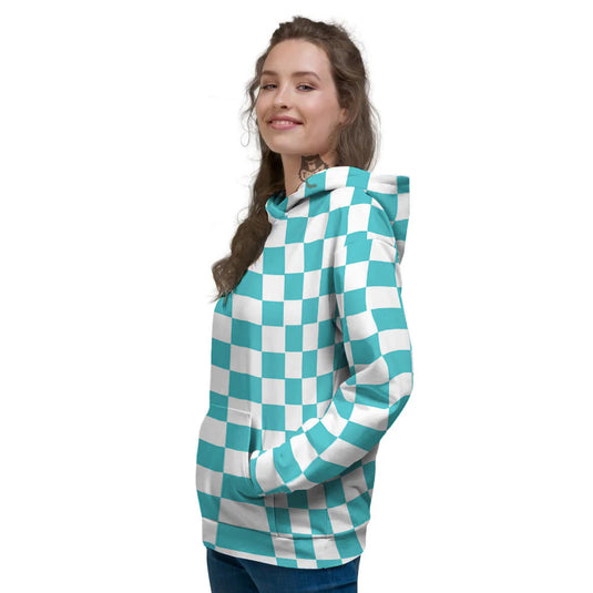 Turquoise Checkered Flag Print Women s Hoodie Grizzshopping