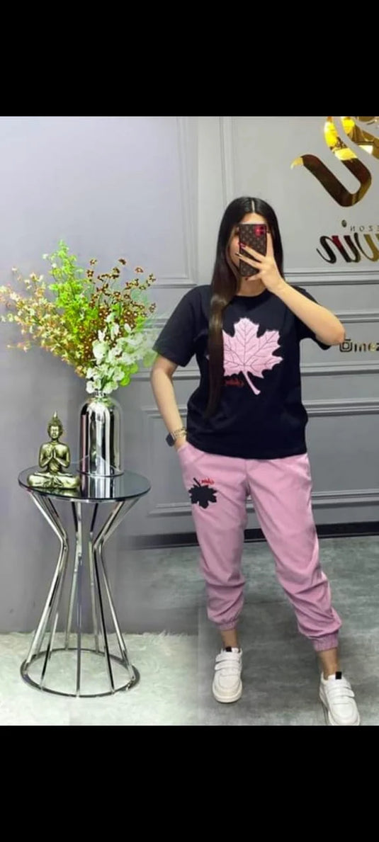 Leaf Printed Black Shirt And Pink Trouser