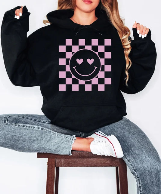 Checkerboard Smiley Women s Hoodie Checkered Light Pink Smiley Face on Customize Color Heavy Blend Hooded Sweatshirt