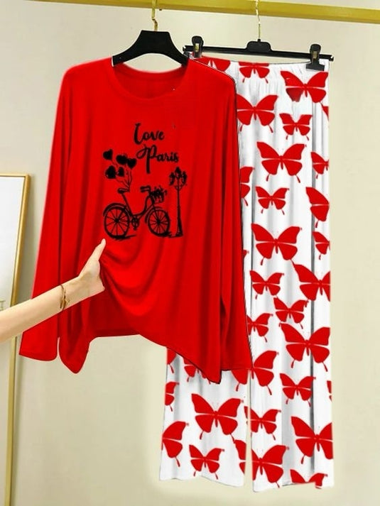 Love in Paris Printed Red  Shirt with Butterfly Printed Trouser