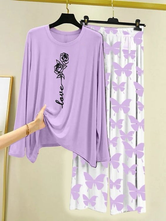 Rose Love Printed Purple  Shirt with Butterfly Printed Trouser