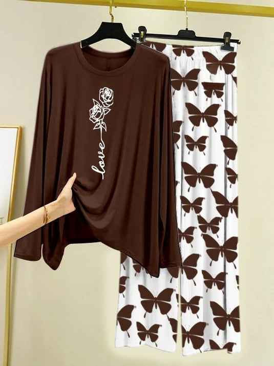 Rose Love Printed Brown Shirt with Butterfly Printed Trouser