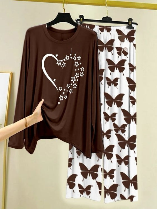 Starlight Heart Printed Brown Shirt with Butterfly Printed Trouser