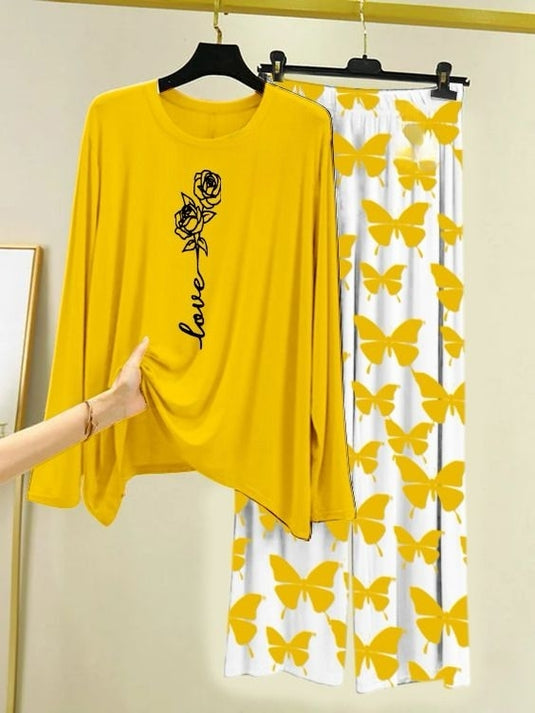 Rose Love Printed Yellow  Shirt with Butterfly Printed Trouser