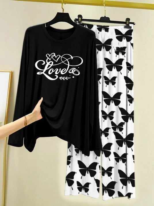 Love Script Printed Black Shirt with Butterfly Printed Trouser