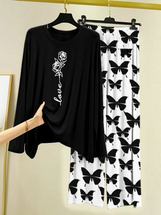 Rose Love Printed Black Shirt with Butterfly Printed Trouser