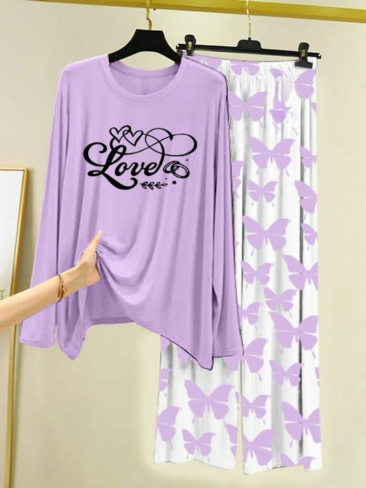 Love Script Printed Purple  Shirt with Butterfly Printed Trouser