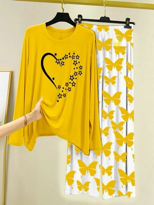 Starlight Heart Printed Yellow  Shirt with Butterfly Printed Trouser