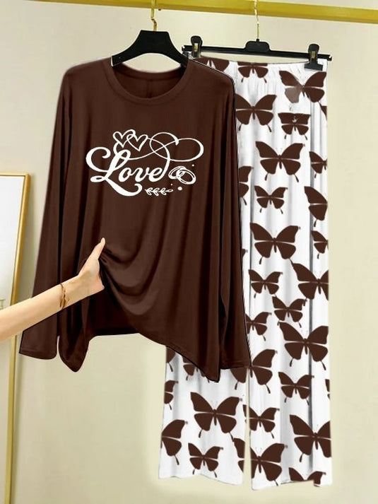 Love Script Printed Brown Shirt with Butterfly Printed Trouser